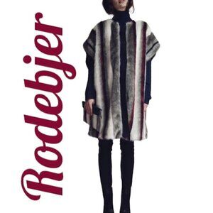 NWT RODEBJER‎ Striped Faux Fur Button Front Short Sleeve Knee Length Coat, XS
